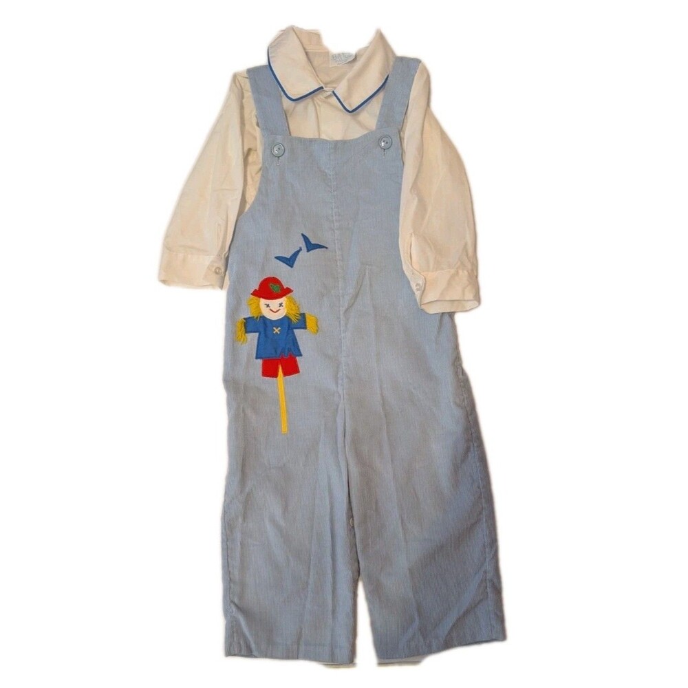 Vintage 2pcs Collared Top & Blue Overalls Outfit W/ Scarecrow Size 18-24 Months